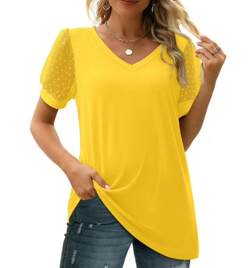 Aokosor Womens Summer Tops V Neck T Shirts Swiss Dot Puff Sleeve Tops Loose Casual T-shirt L