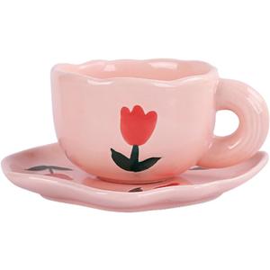 Coffee Mugs Set with Saucer Cute Pink Tulip Cup Gifts for Women for Birthday Tea Coffee Mug 250 ML Ceramic Cup Birthday Gift for Women Girls Mom Friend Coffee Mug Tea Cup Saucer Set