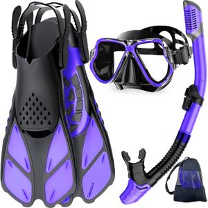 Mask Fins Snorkel Set, Snorkeling Gear for Adults, Panoramic View Snorkel Mask Anti-Fog, Adjustable Dive Flippers, Dry Top Snorkel and Travel Bag, Scuba Gear for Swimming Snorkeling Diving