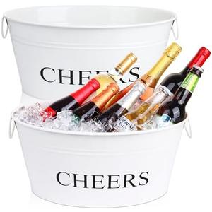 4 Gallon Galvanized Bucket Beverage Tub Ice Bucket for Parties 1 pcs Large Metal Bucket with Handles Drink Cooler Beer Drink Galvanized Tub Cooler Tin Bucket for Cocktail Bar Mimosa Bar Supplies (White Bucket)