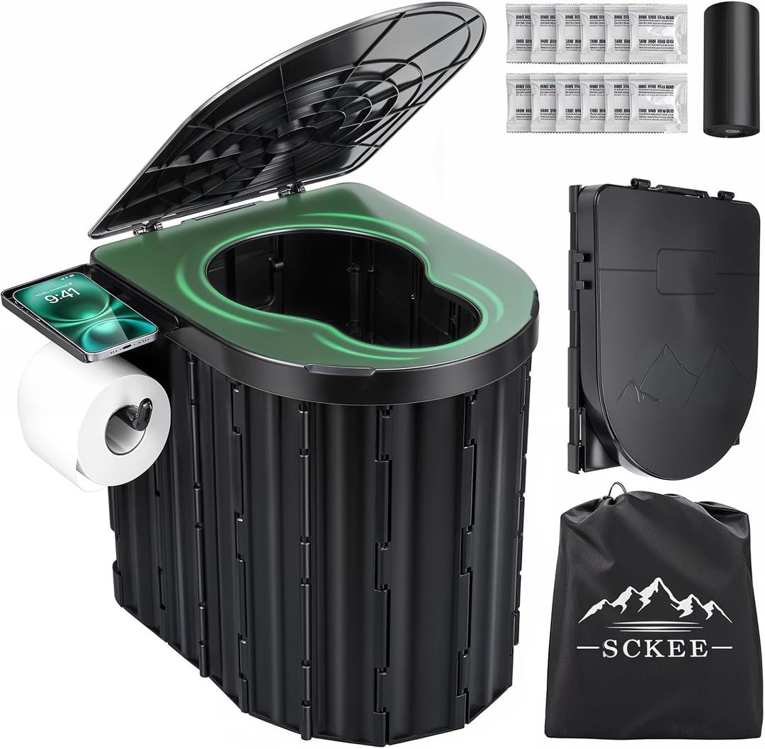 Sckee Camping Toilet, Portable Toilet for Adults, Portable Travel Floding Toilet with Lid and Paper Holder, Compact Potty for Car, Camp Toilet Portable Toilet for Camping, Hiking,Truck, RV, Beach (Black)