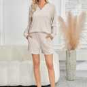 Womens Ribbed Knit 2 Piece Lounge Sets Outfits Long Sleeve Top and Shorts Pajama Sets Loungewear with Pockets