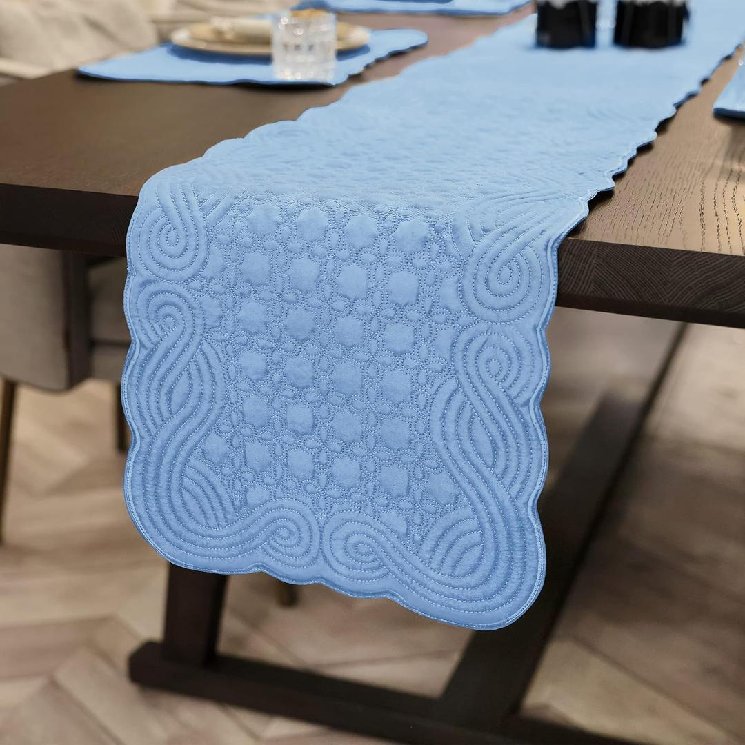 Loom and Mill Quilted Table Runner Farmhouse Style, Natural Fabric Table Top Linen with Scalloped Edge, Easy Care for Kitchen Dinner Party Holidays All Season Everyday Use(13"x 72", Blue)
