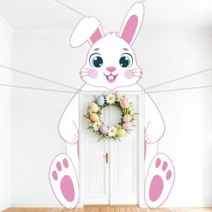 2 x Easter Bunny Door Banner Decorations Cute Cartoon Rabbit Hanging Porch Sign Banner Pink Giant Happy Easter Door Cover for Front Door Home Wall Garage Decor Spring Birthday Baby Shower Party Supplies