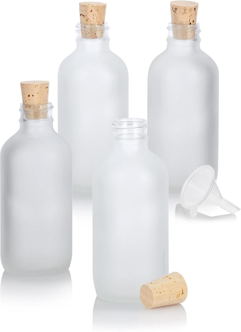JUVITUS 4 oz / 120 ml Frosted Clear Glass Boston Round Bottle with Cork Stopper Closure (4 Pack) + Funnel