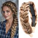 DIGUAN Wide Messy Braided Headband With Teeth Synthetic Hair Plaited Headband High Elasticity Braids Chunky Fishtail Braided Hair Band Hairpiece for Girls Women (Highlighted)