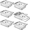 6 Set Stainless Steel Hotel Pans 1/2 Size 2 1/2 Inch Deep With Lids, Anti-Jam Chafing Steam Table Pans, Catering Food Storage Metal Pan