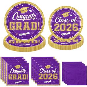 Graduation Plates and Napkins 2026,200pcs Purple and Gold Graduation Decorations 2026 Disposable Congrats Grad Paper Plates for Class of 2026 Graduation Purple and Gold Party Supplies ,Serve 50