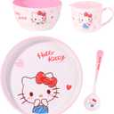 Hello Kitty Heart Cute Pink Dinnerware Flatware Meal Set Plate Bowl Cup Spoon, 4 pieces