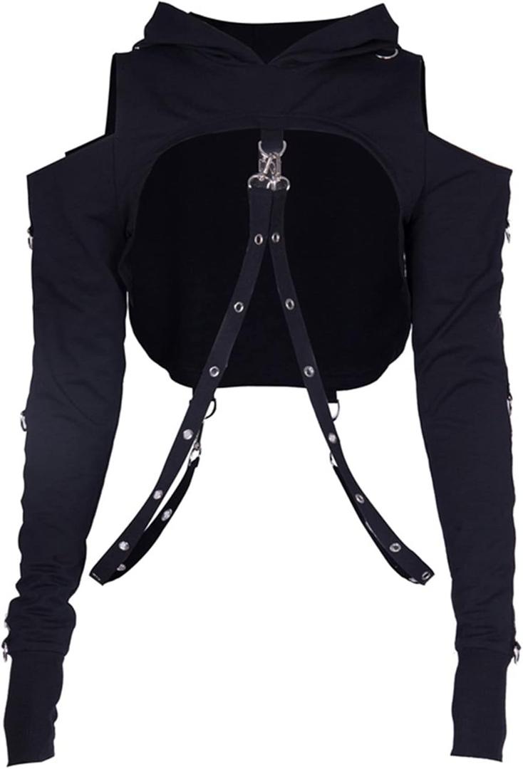 AULKEEP Gothic Punk Long Sleeve Cold Shoulder Hooded Crop Tops Buckle Strap Hoodie Sweatshirt L