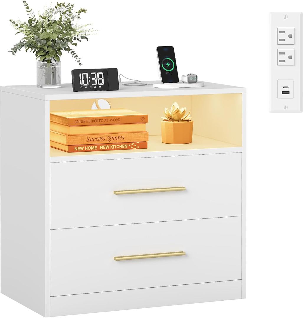 VASAGLE Custos Collection - 23.6 Inch Wide Nightstand with Charging Station, LED Lights, Modern Night Stand, Side End Table with Drawers, Open Shelf, 2 AC Outlets USB Ports, Cloud White, 1 PACK