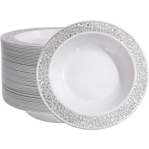 I00000 60 Plastic Soup Bowls 12 oz, Silver Disposable Dessert Salad Bowls, Silver Plastics Party Dishes for Party and Wedding