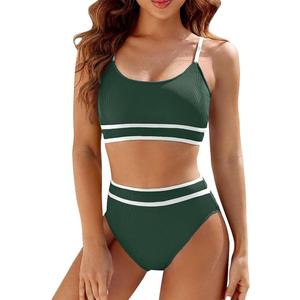 SRTUMEY Women Deep V Neck Swimsuit Women's High Waisted Bikini Sets Sporty Two Swimsuit Color Block High Neck Bathing Suit Sale Clearance Summer Swim Suit, Medium