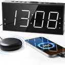 Loud Alarm Clock with Bed Shaker for Heavy Sleeper, Dual Vibrating Alarm Clock with USB Charger for Hard of Hearing/Deaf, 7.5 Large LED Display with Dimmer, Snooze, 12/24H & Battery Backup (White Digits, Thin Font)