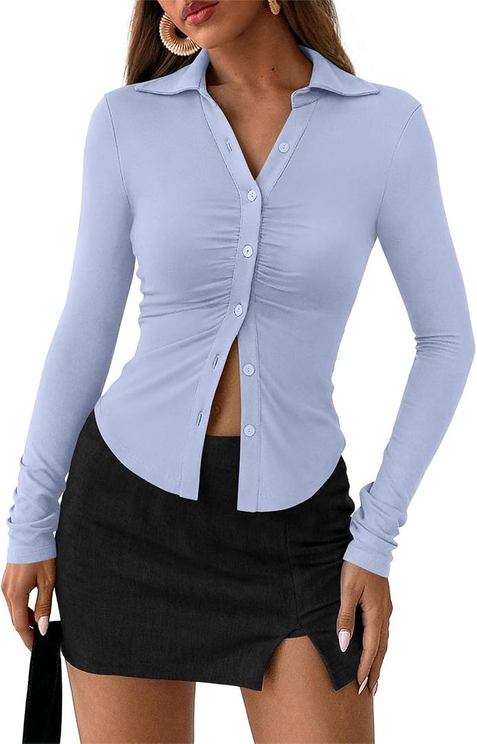 PRETTYGARDEN Womens Button Down Shirts V Neck Collared Ruched Slim Fit Long Sleeve Shirt Casual Spring Fashion Ladies Tops (Small, Light Blue)