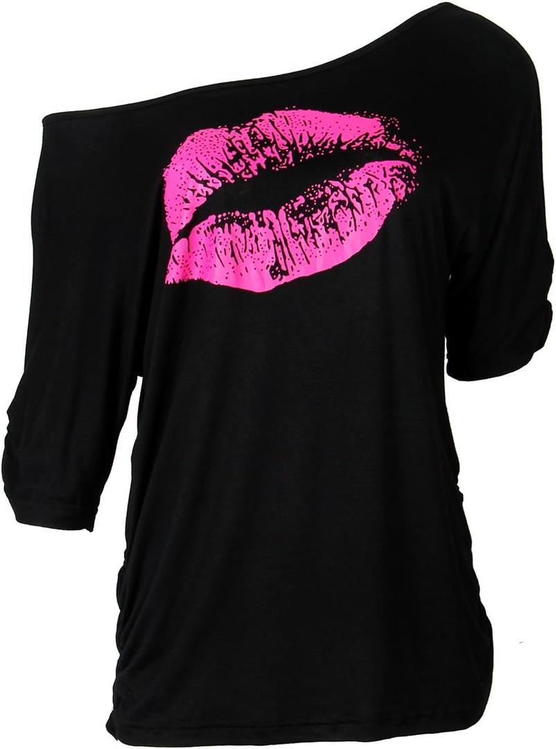 Smile Fish Women Casual Oversized Sexy Lips Print Off Shoulder T-Shirt (Black, XXL)