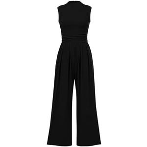 PRETTYGARDEN Womens Summer Jumpsuits Dressy Casual One Piece Outfits Sleeveless Mock Neck Wide Leg Pants Rompers with Pockets, L, Black