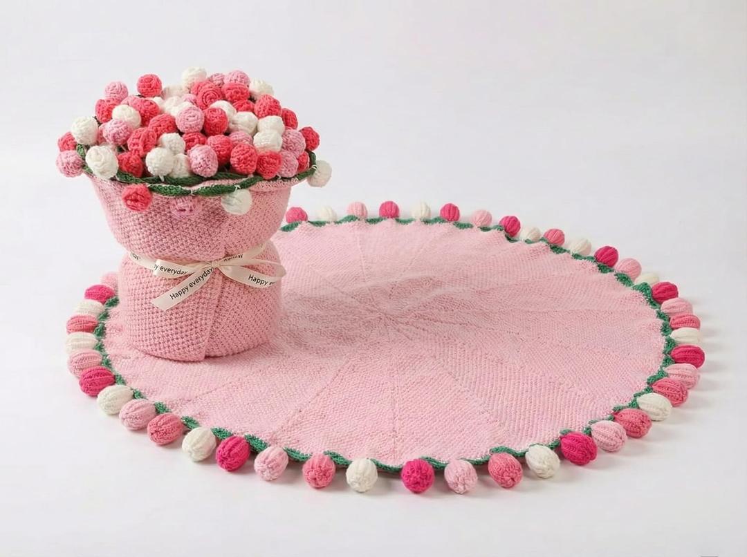 Crochet Rose Flower Bouquet Blanket - Finished Rose Knitted Throw (Not a Kit), Soft Flower-Shaped Blanket for Gift for Girlfriend, Mom, Wife,Mother's Day and Wedding Anniversary(Pink)