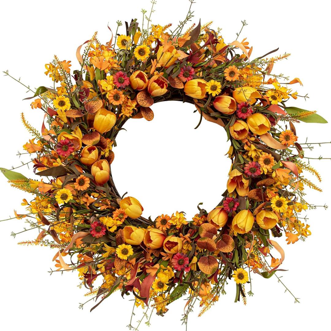 LLZLL 22 Inch Fall Wreath Artificial Autumn Wreaths for Front Door Orange Tulip Wreath with Forsythia Daisy and Berries for Indoor Outdoor Harvest Thanksgiving Holiday Celebration, Multicolor-1