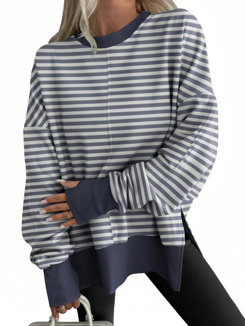 ANRABESS Women Oversized Sweatshirts Thumbhole Long Sleeve Hoodies Shirts 2026 Fall Side Slit Pullover Top Teen Y2k Outfits Grey Blue Striped Large
