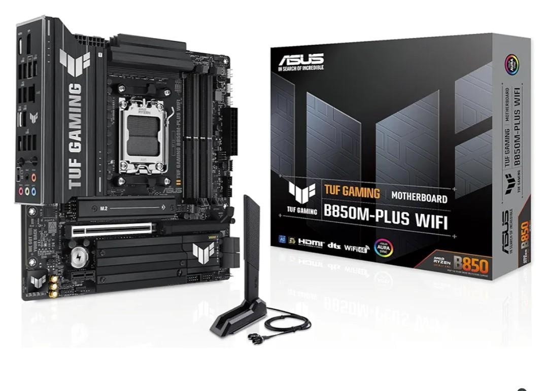 ASUS TUF Gaming B850M-PLUS WiFi AMD AM5 B850 mATX Motherboard, 14+2+1 80A DrMOS Stages, DDR5, PCIe 5.0, 3X M.2, Wi-Fi 6E, 2.5Gb LAN, DP, HDMI™, USB 10Gbps & 20Gbps Type-C®, BIOS Flashback™, Aura Sync