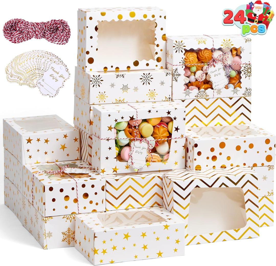 JOYIN 24 Pcs Christmas Cookie Boxes, Gold Foil Treat Boxes with Windows 9" x 6.2" x 3" Bakery Gift Wrapping Box for Xmas Holiday Party Favor Pastries, Cupcakes, Cookies, Brownies, Donuts Gift-Giving