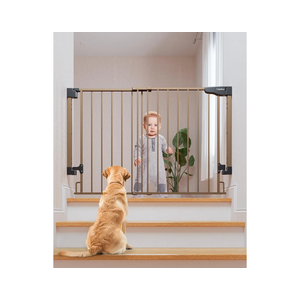 Cumbor 29.2-43" No Bottom Bar Baby Gate for Stairs, 2-in-1 Auto Close Dog Gate Indoor, Hardware Mounted Pet Gate for Doorways with Large Walk Thru Door, Child-Proof Safety Gate for Kids (Brown)
