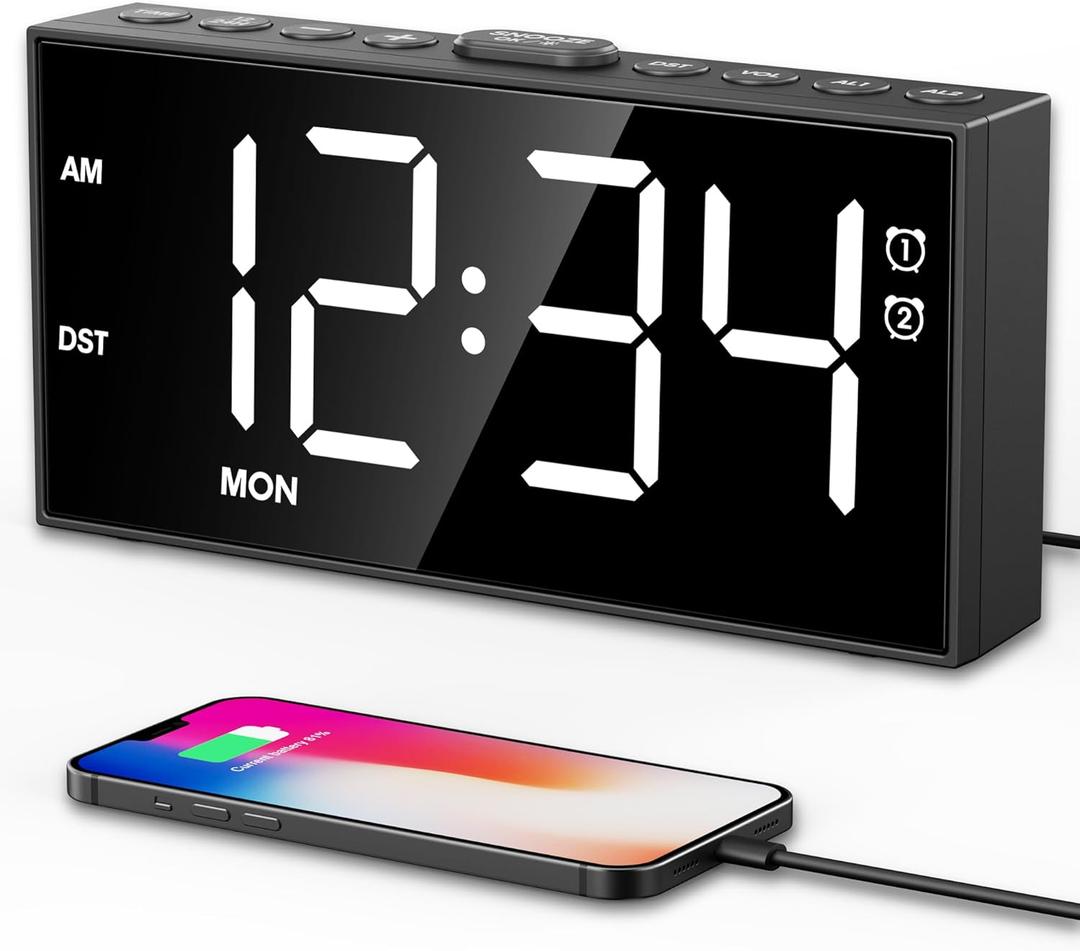 PPLEE Alarm Clock for Bedroom,Upgrade Digital Clock Large Bold Number,5 Level Brightness Volume,2 Alarms,Weekend Weekday Mode,Type C/USB Charger Port,Loud Table Clock with Power Off Memory for Any Age (White)