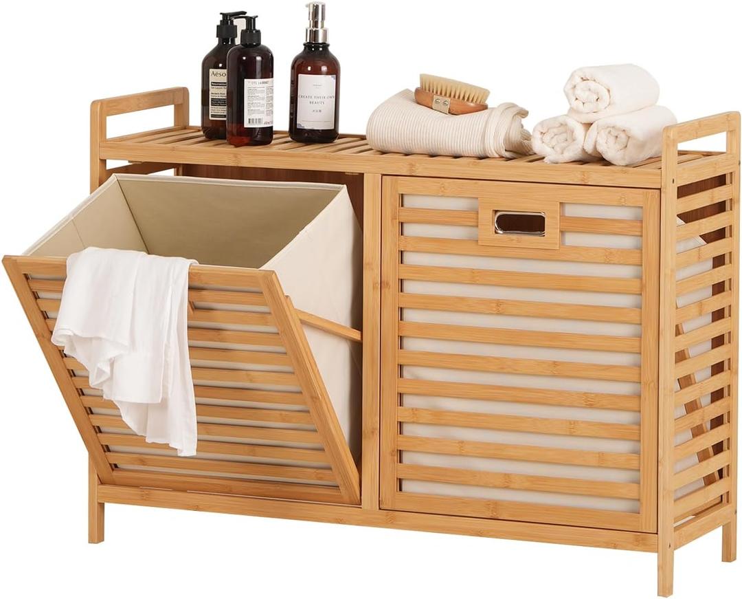 Baveke Double Laundry Hamper with Shelf- Bamboo Storage Cabinet, Natural, 2 Bag-1 Tier