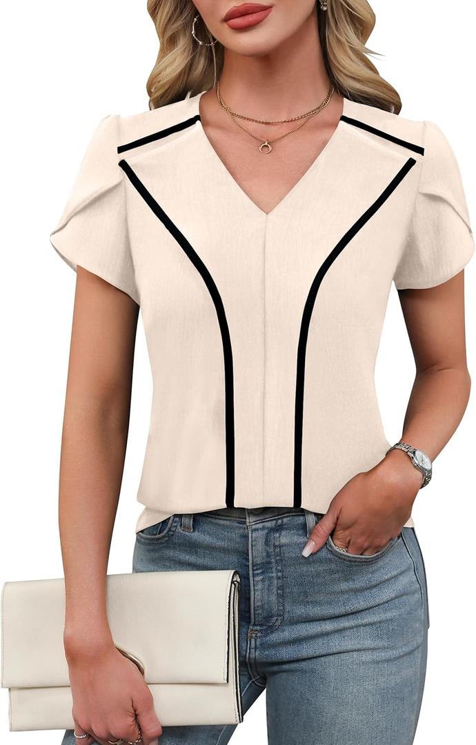 BMJL Womens Blouses Dressy Casual Short Sleeve Shirts Work Business Outfit Trendy Summer Tops (White, L)