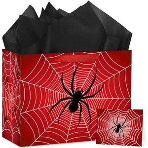 Hooqict Spider Birthday Gift Bag with Handles, Wrapping Paper, Greeting Card for Boys Kids Men Goodie Treat Party Gift Box Black Red Spider Web Birthday Decorations Halloween Bag 2 in Pack