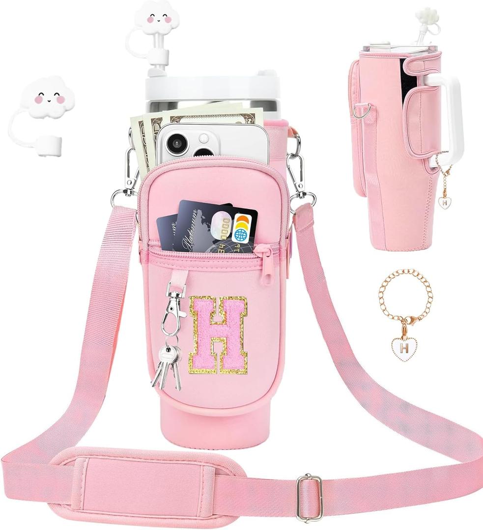 Initial A-Z Carrier Bag for Stanley 40 oz Tumbler, Stanley Cup Holder with Strap - Spill Stopper - Letter Charm (Princess Pink)