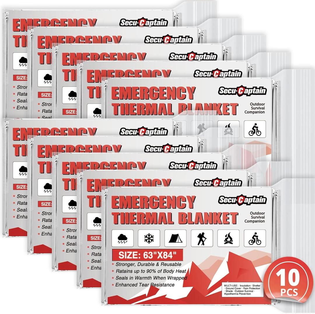 SecuCaptain Survival Emergency Thermal Blankets: 10 PCS Extra Large 84 x63 Space Mylar Blanket Kit for Outdoor Cold Winter Camping Hiking Car Bug Out Bag or First Aid (Sliver)