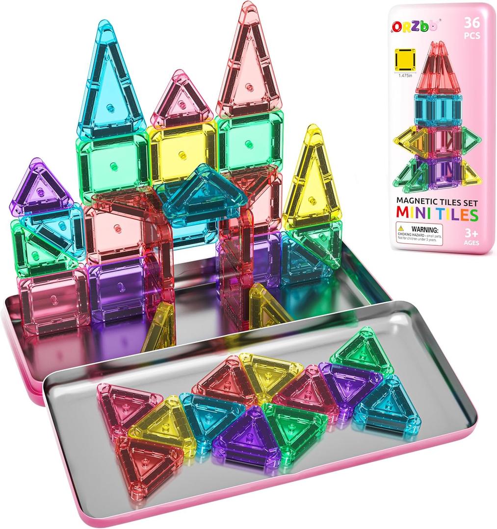 ORZbb Mini Magnetic Tiles Toddler Travel Essentials Set with Case, Magnetic Blocks Building Montessori Educational Learning Sensory Preschool Toys for 3+ Year Old Boys Girls Birthday Gifts (Color-15)