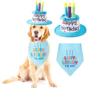Large Dog Birthday Cake Hat & Bandana Scarfs Set Blue, Handmade Dog Happy Birthday Hat with Colorful Candles, Extral Large Dog Birthday Party Supplies Decorations (Large, Blue)