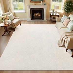 Washable Area Rug for Living Room 8x10 ft, Beige Soft Fluffy Tropical Leaf Carpet with Non Slip Backing, Low Pile Rugs for Bedroom Dining Room Indoor Home Office