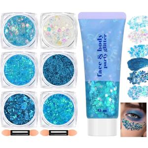 Blue Face and Body Hair Glitter Gel, Party Concerts Cheer Face Paint Holographic Chunky Festival Rave Accessories Glitter Makeup, 6 Kinds of Sparkling Sequins for Hair Nail Eye Lip Body