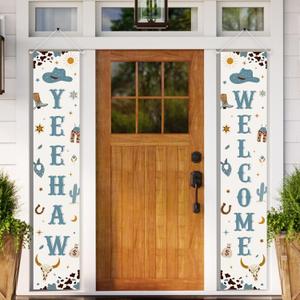 Cowboy Party Decorations Blue - Yee Haw Welcome Door Banner, Cowboy Baby Shower Party Decorations for Boys, Wild West Baby Shower Birthday Party, Western Cowboy My First Rodeo Party Porch Sign
