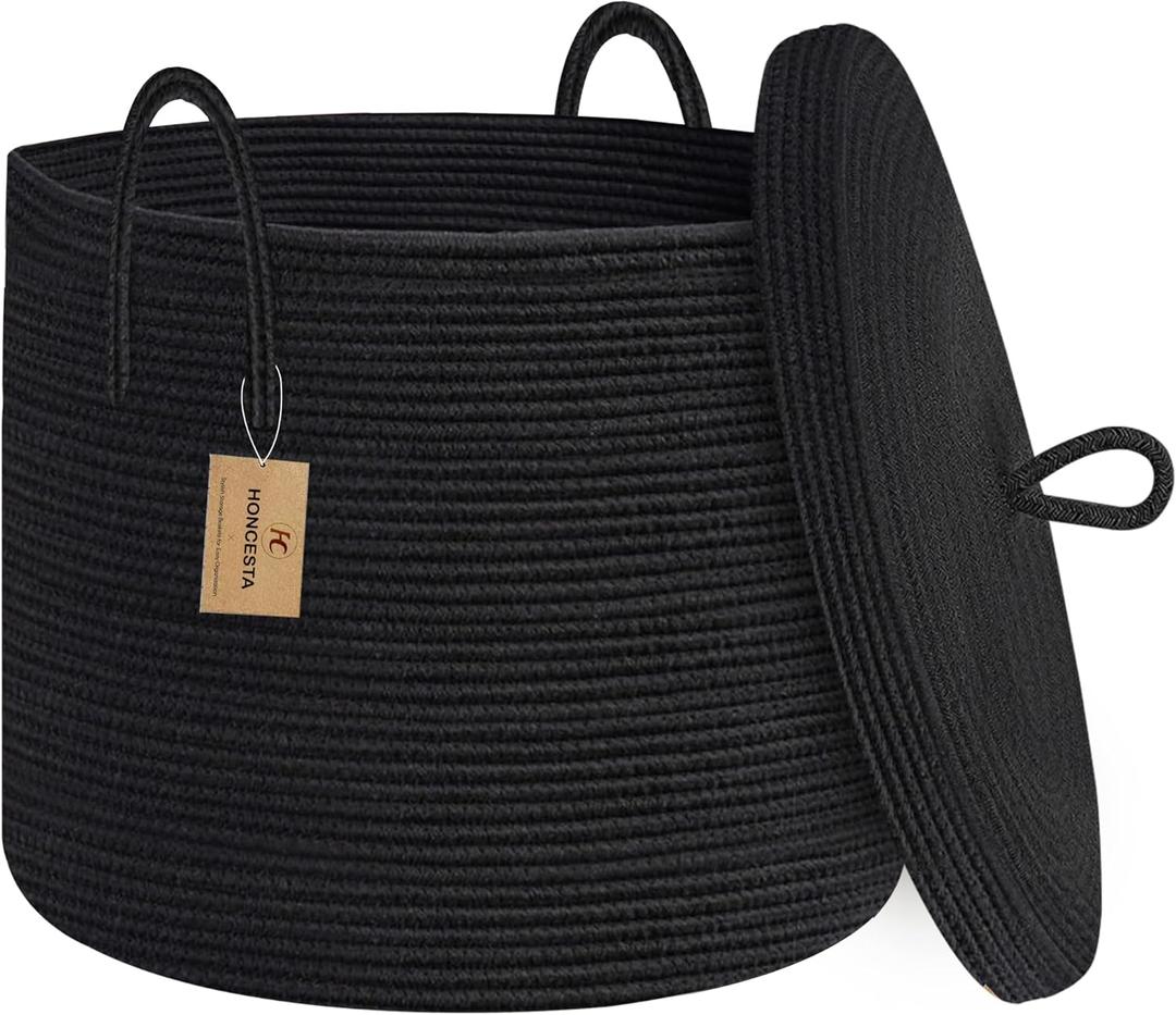 18" X 14" Large Black Basket with Lid, Cotton Rope Storage Basket for Blanket, Toy, Pillow, Towel, Living Room Bedroom Storage Bin, Wicker Woven All Black Organizing Bin with Cover
