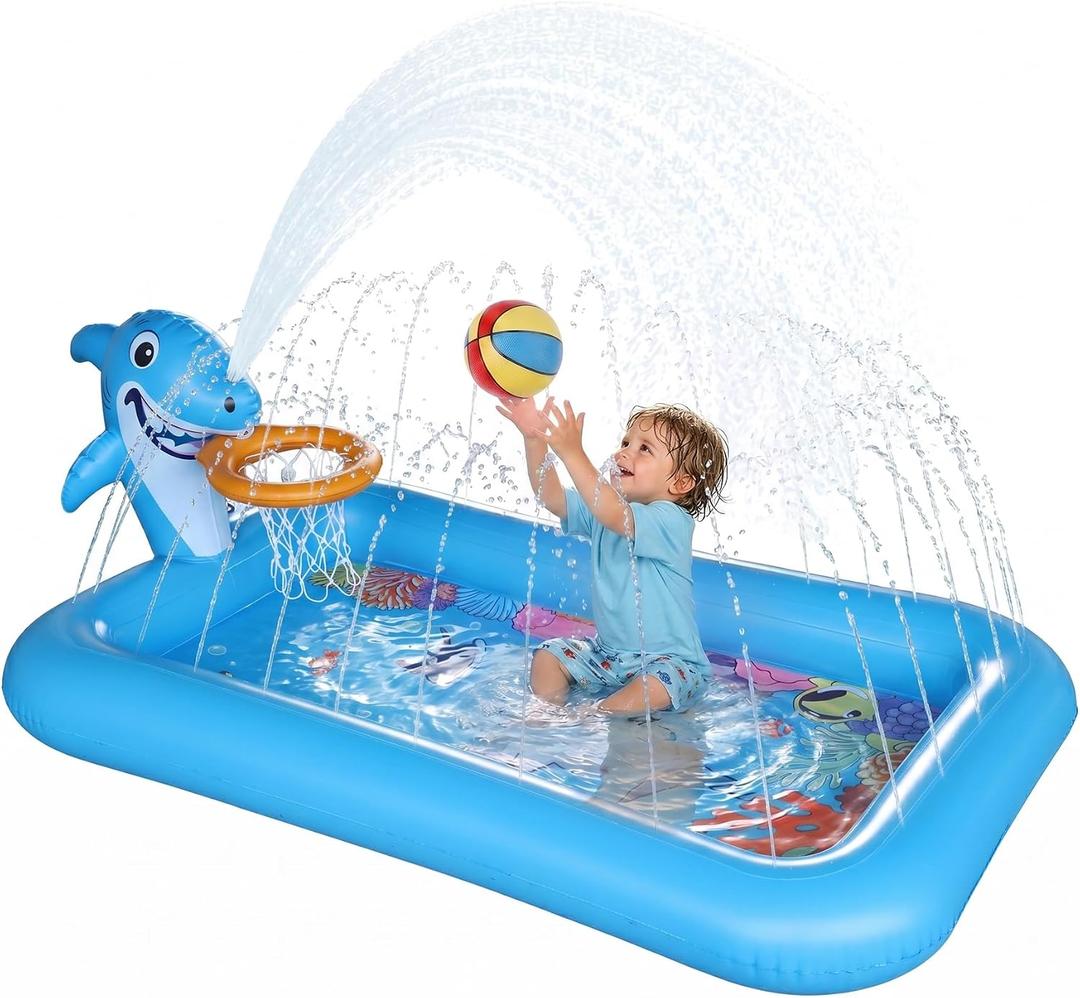 Splash Pad with Basketball Hoop - Shark Inflatable Kiddie Pool for Babies Toddlers, Sprinkler Play Mat for Kids, Outdoor Water Toys for Garden & Backyard, 70.9" x 44.1" x 27.6"