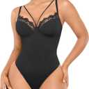 SHAPELLX Women's Shapewear Lace Bodysuit Tummy Control Body Suits Waist Sculpting V Neck Thong Corset Tops (Large, A1-black)