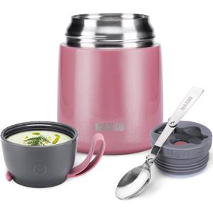 MAXSO Soup Thermo for Hot & Cold Food for Adults Kids, 17 oz Vacuum Insulated Steel Lunch Container Bento Box with Spoon, Leakproof Thermal Food Jar for School Office Travel - Pink