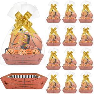 12 Set Basketball Basket for Gifts Empty, Basketball Theme Paper Tray with Cellophane Wrap Bag & Pull Bow, 2026 Basketball Senior Night Party Favor Sport Team Events Birthday Gift Snack Packaging