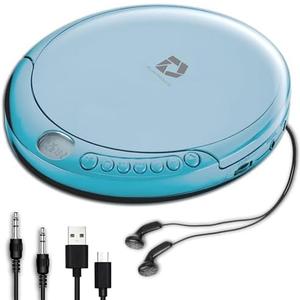 Deluxe Products CD Player Portable with 60 Second Anti Skip, Stereo Earbuds, Includes Aux in Cable and AC USB Power Cable for use at Home or in Car. Blue