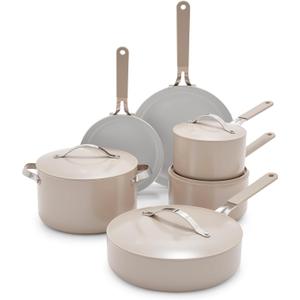 GreenLife 10-Piece Nonstick Ceramic Cookware Set, Lightweight Healthy PFAS-Free Pots & Pans with Lids, Dishwasher & Oven Safe, Durable Body, Silicone Stay-Cool Handles, Easy Release, Taupe