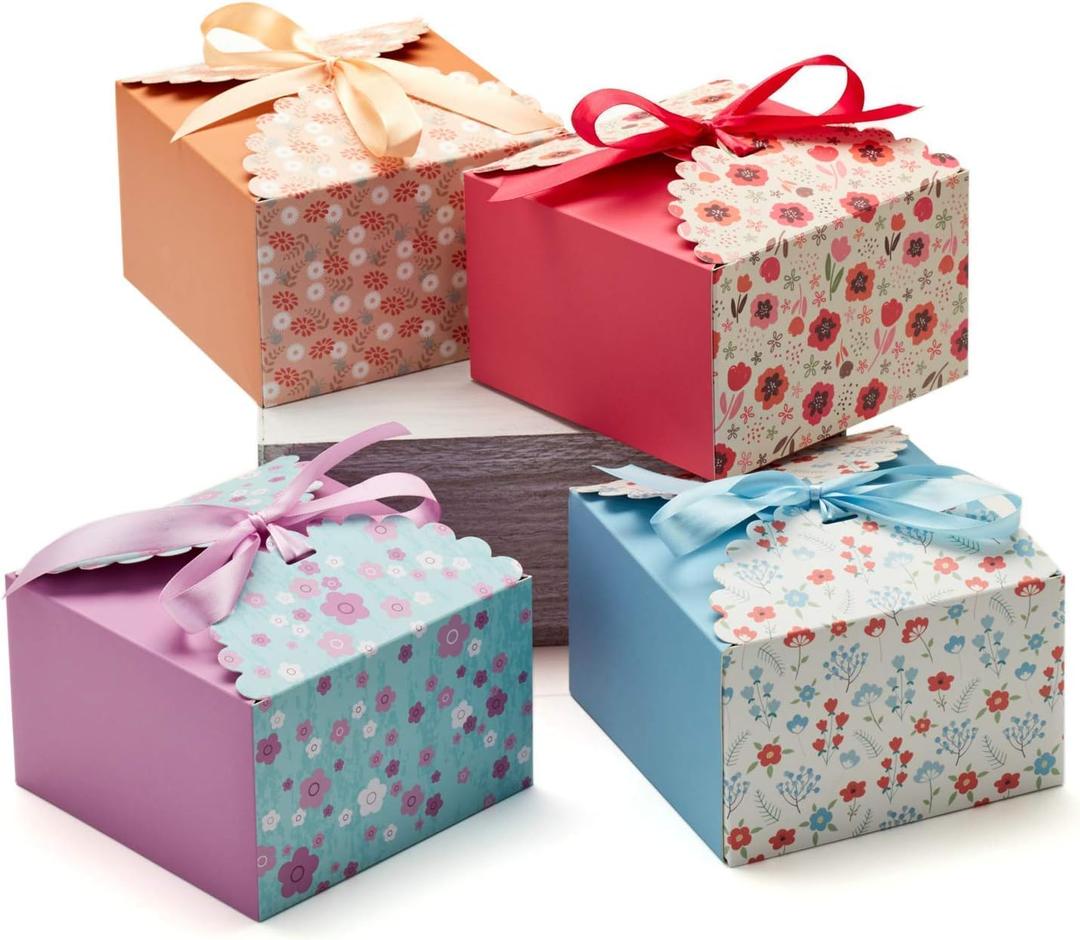 Small Floral Gift Boxes with Lids & Ribbons (20 Pack) 5.8 x 3.7 Empty Decorative Treat Boxes for Gift Giving, Baked Goods, Square Cookie Tins, Mithai Indian Sweets, Candy, Diwali, Bulk, Return, Cute (Standard)