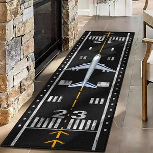 Airplane Rug Kids Play Carpet, 1'4" x 79", Airport Runway Theme for Boys Bedroom Playroom, Low Pile Non-Slip Children Floor Mat for Bedroom
