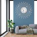 Large Wall Clock Metal Decorative Wall Clocks Silent Non-Ticking,Bling Shining Modern Art Starburst Big Wall Clocks for Living Room Bedroom Dining Room Kitchen Decor,Dia 28 Inch Silver
