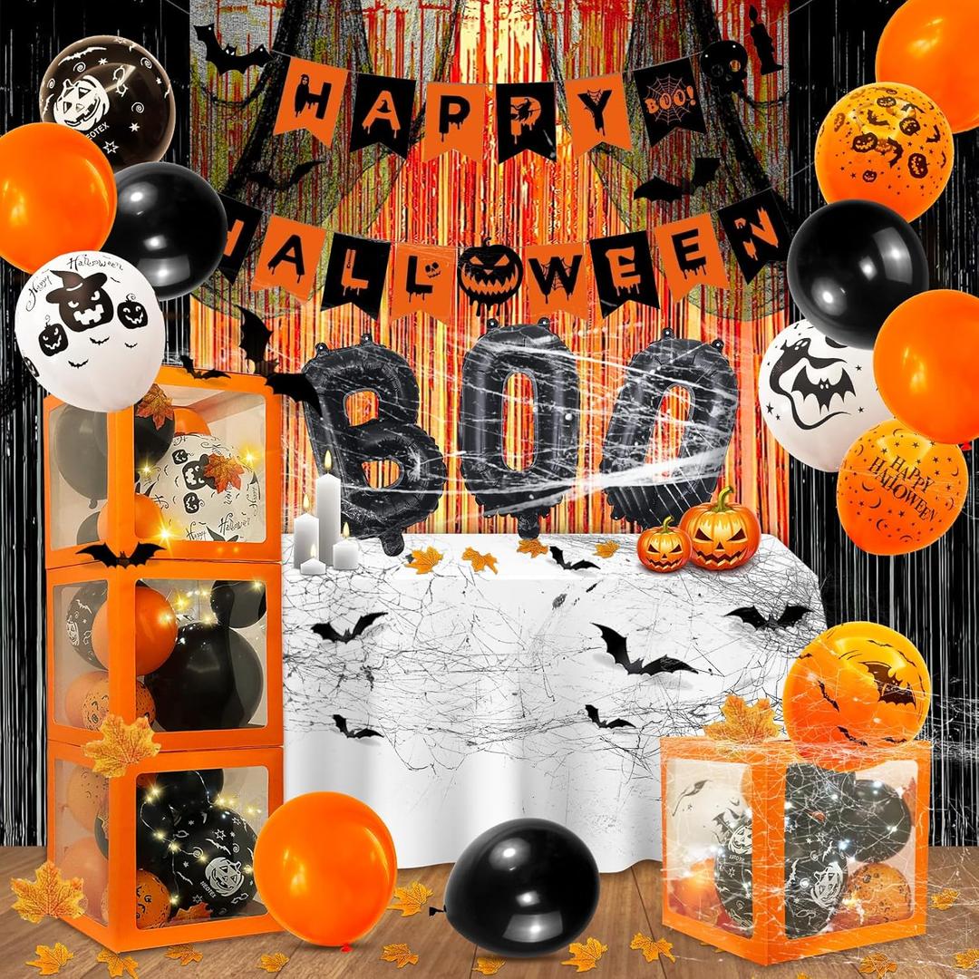128 Pcs Halloween Party Decorations, Halloween Party Supplies - Balloon boxes, "HAPPY HALLOWEEN" Banner, "BOO" Banner, Multi Balloons, Bat Decor, Spider Wed