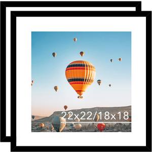 JCJMY 22x22 Picture Frame Set of 2 Black with 18x18 Mat, Display Photo 18x18 with Mat or 22 x 22 Without Mat, Wall Hanging Large 22x22 Poster Frame with Shatter Resistant Plexiglass, 2 Pack, Black